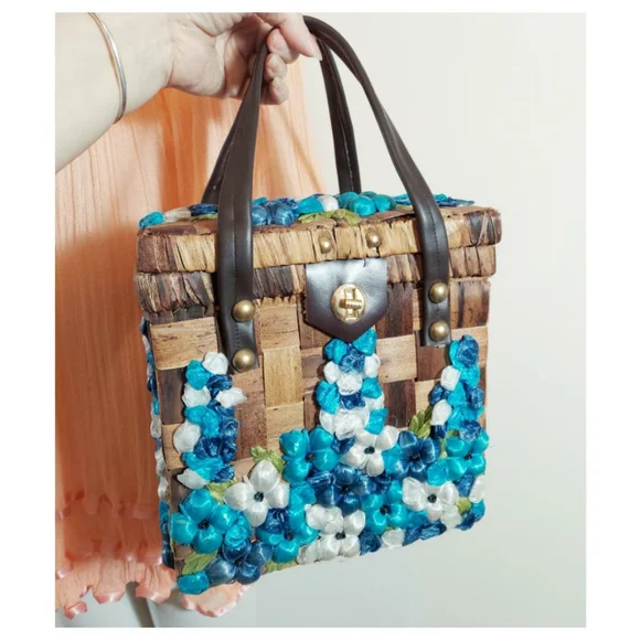 Vintage 50s 60s rockabilly pinup Hawaiian tiki bombshell wicker rattan purse bag - Picture 8 of 8